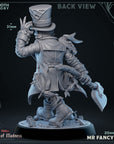 a statue of a man in a top hat holding a shovel