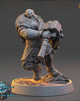 A detailed 3D model of a dwarf warrior figure, holding a large hammer, standing on a rocky base.