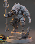 A detailed 3D model of a fierce-looking monster or dragon-like creature, holding a weapon and standing on a rocky platform.