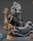 A detailed 3D model of a bearded dwarf warrior standing on a boat, holding a shield and sword. The warrior is wearing a long beard and is holding a shield in one hand and a sword in the other. The background features a stormy sea, adding to the dramatic effect of the scene.