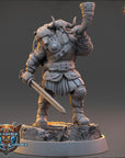 A detailed 3D model of a Viking warrior figure, holding a sword and a horn, standing on a rocky base.