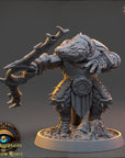 A detailed 3D model of a fantastical creature, likely a mythical or magical being, with intricate armor and weapons. The creature is standing on a base and appears to be ready for action.