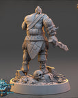 A detailed 3D model of a warrior figure, wearing a helmet and armor, standing on a base with a skull and debris.