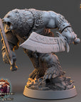 A detailed 3D model of a fierce-looking bear wielding a large sword, set against a dark background.