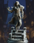 A detailed 3D model of a fantasy character, possibly a warrior or magical being, standing on a pedestal and holding a weapon. The background features a dark, atmospheric setting with architectural elements such as towers and arches.