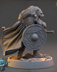 A detailed 3D model of a warrior figure, likely a Viking or Nordic warrior, standing on a platform and holding a shield with an intricate design. The figure is wearing a fur-trimmed cape and appears to be wielding a sword.
