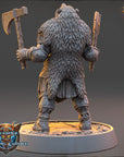 A 3D model of a furry, armored warrior figure holding two axes, standing on a platform with a Daybreak-themed background.