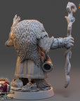 A detailed 3D model of a fantasy character, likely a wizard or magical being, with a long staff and a large, furry costume. The character appears to be from the video game "The Warders of Fear" and is depicted in a dynamic pose.