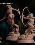 two detailed figurines of female characters, one standing and one kneeling, each holding a bow and arrow. The figurines are set against a dark background with lightning bolts visible in the background.
