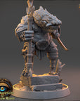 A detailed 3D model of a fantastical creature, possibly a dragon or serpent, standing on a pedestal and holding a staff. The creature is depicted in a dynamic pose, with its head and body prominently featured. The image is described as a "daybreak miniatures" and is part of the "The Shrpytails of Hacksaw River" series.
