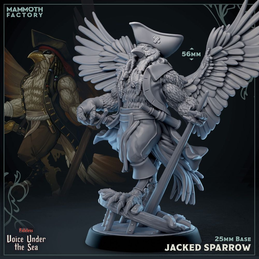 Jacked Sparrow, Birdfolk Pirate- Voice Under the Sea - 3d Printed Miniature Sculpted by Mammoth Factory