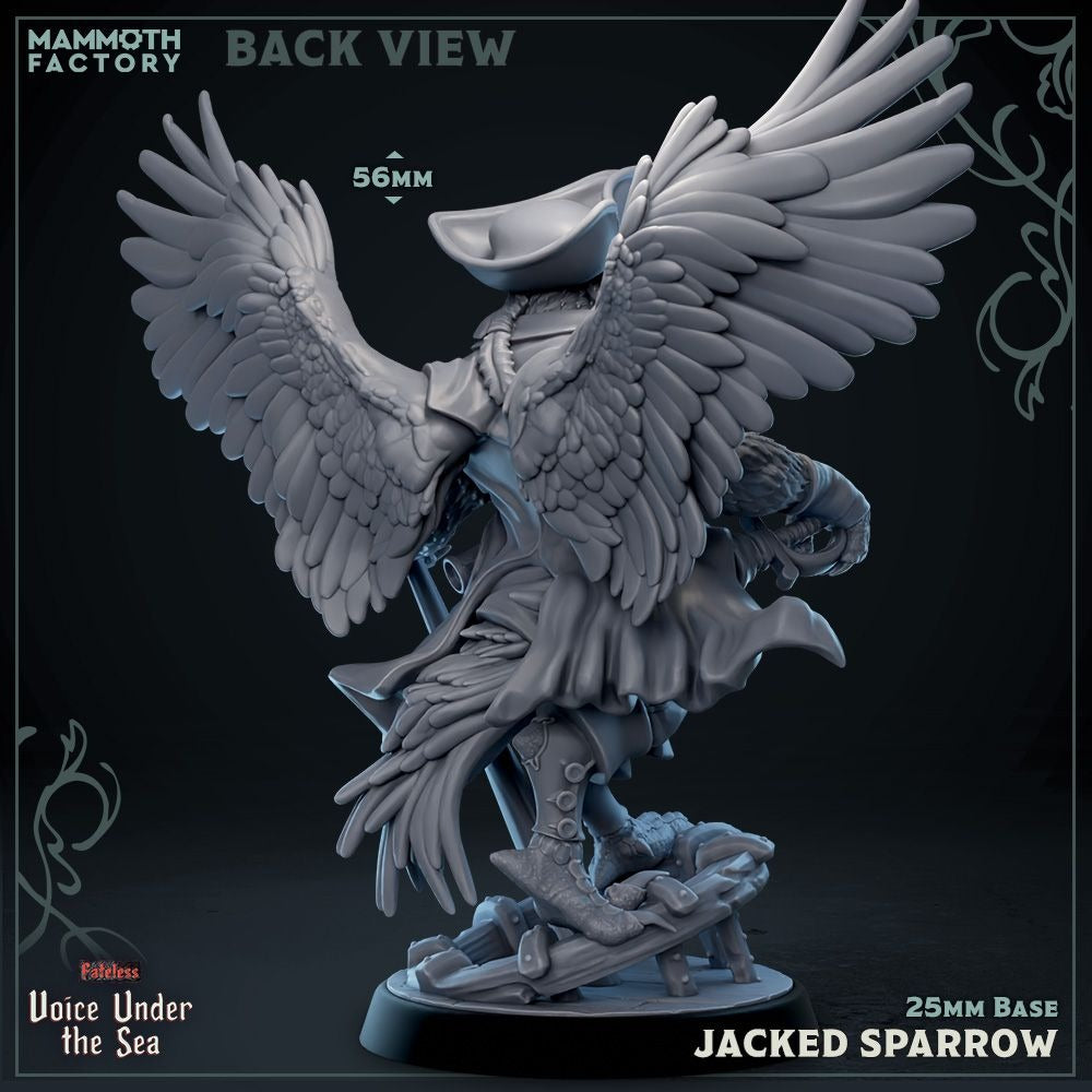 Jacked Sparrow, Birdfolk Pirate- Voice Under the Sea - 3d Printed Miniature Sculpted by Mammoth Factory