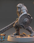 A detailed 3D model of a fantasy character, likely a dwarf or gnome, holding a large sword and shield. The character is standing on a base and appears to be ready for battle or combat.