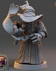 A 3D rendering of a wizard-like character from the video game "The Warriors of Fear". The character is wearing a long robe and hat, and is holding a staff. The character is standing on a base, and there is a logo for the game visible in the bottom left corner.
