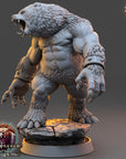 A 3D rendering of a fierce-looking bear statue with a muscular build and sharp teeth, standing on a rock formation.