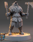 A detailed 3D model of a warrior figure, likely from a fantasy or science fiction game, standing on a platform and holding two large axes.