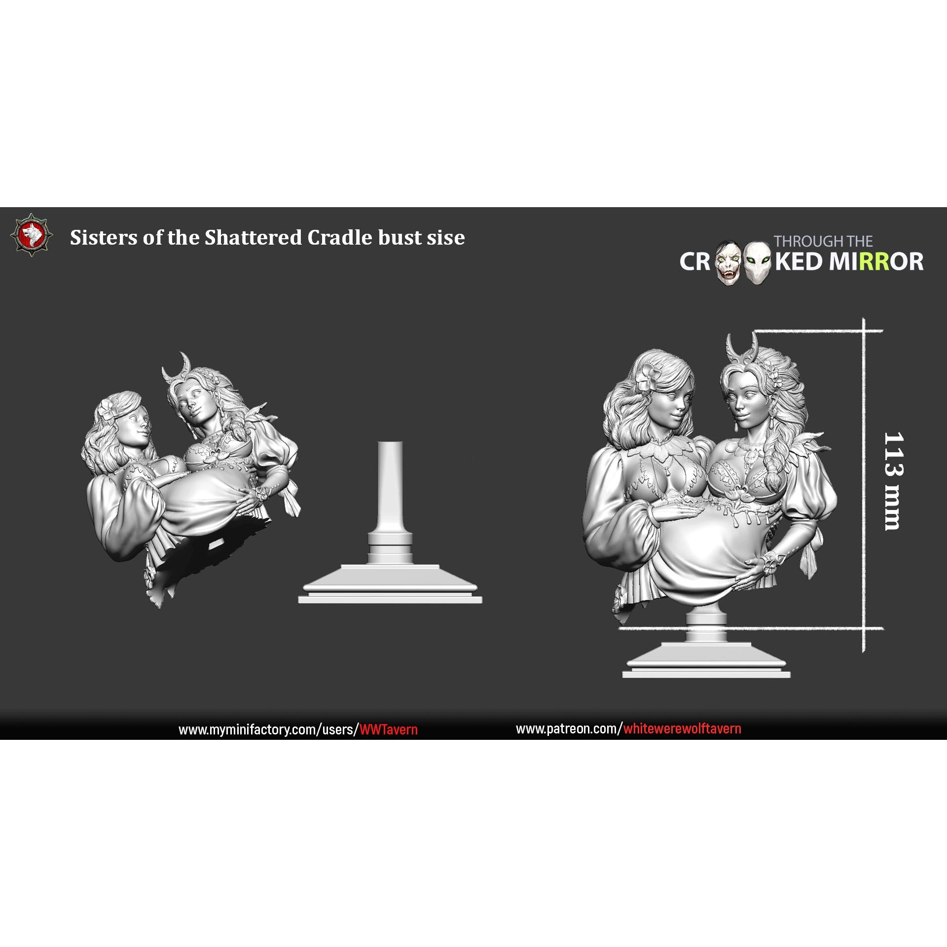 Sisters of the Shattered Cradle BUST - Through the Crooked Mirror - 3d Printed Miniature Sculpted by White Werewolf Tavern