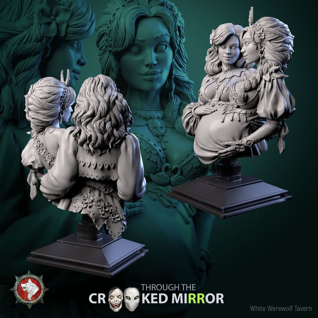 Sisters of the Shattered Cradle BUST - Through the Crooked Mirror - 3d Printed Miniature Sculpted by White Werewolf Tavern