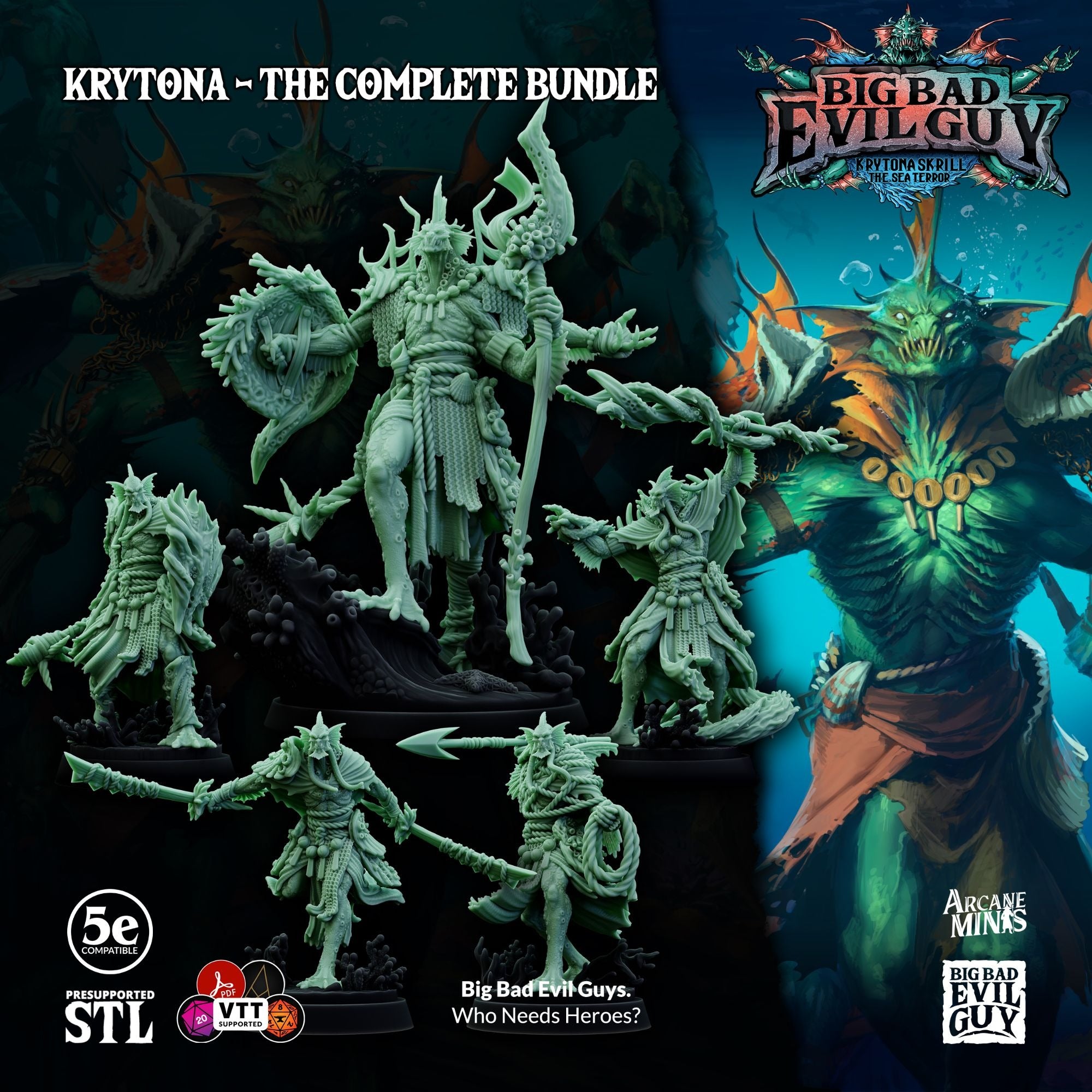 Krytona Skrill, Sahaugin Lord and Minions - 3d Printed Miniature Sculpted by Big Bad Evil Guys