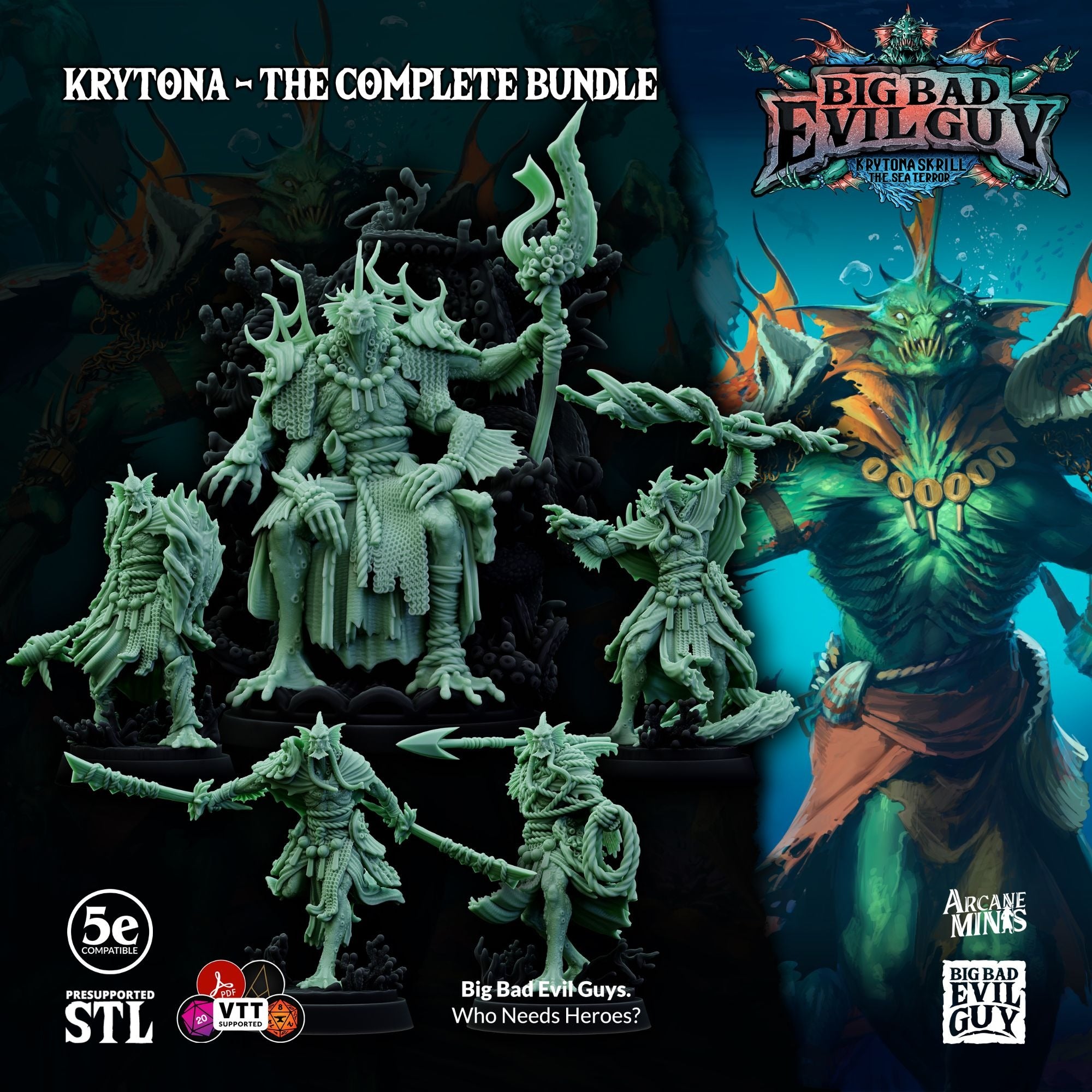 Krytona Skrill, Sahaugin Lord and Minions - 3d Printed Miniature Sculpted by Big Bad Evil Guys