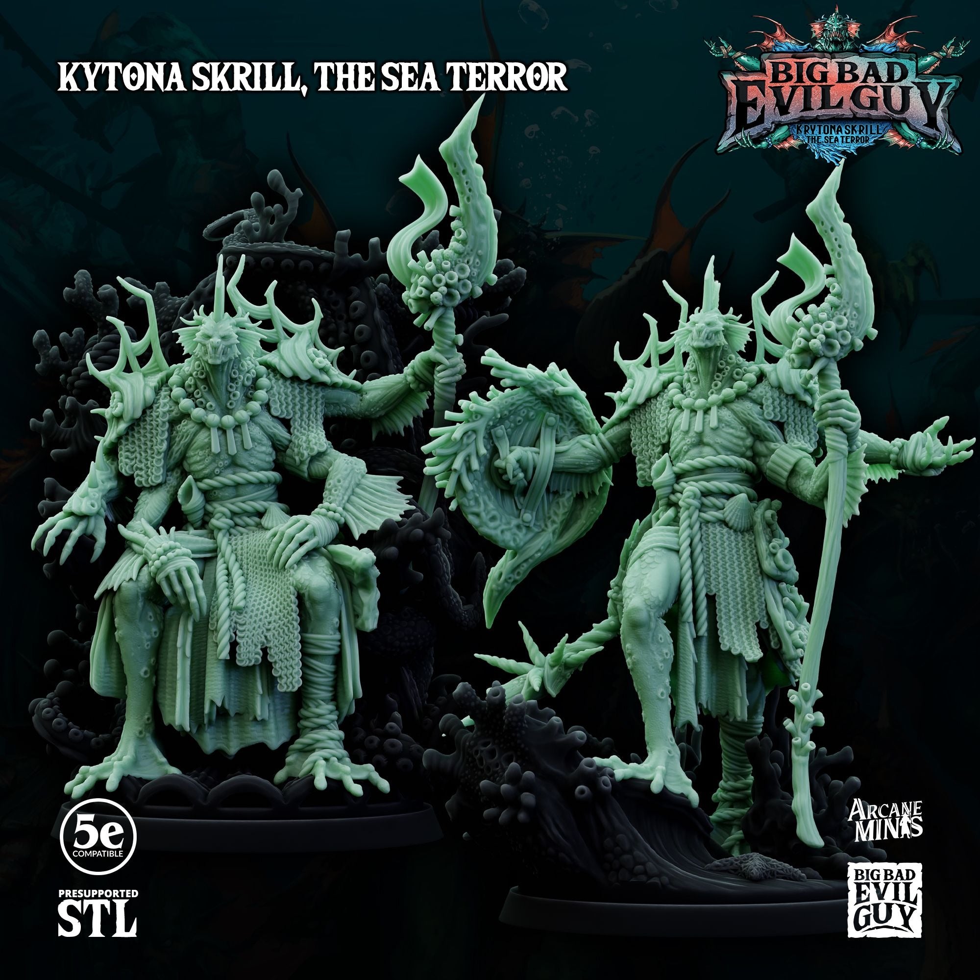 Krytona Skrill, Sahaugin Lord and Minions - 3d Printed Miniature Sculpted by Big Bad Evil Guys
