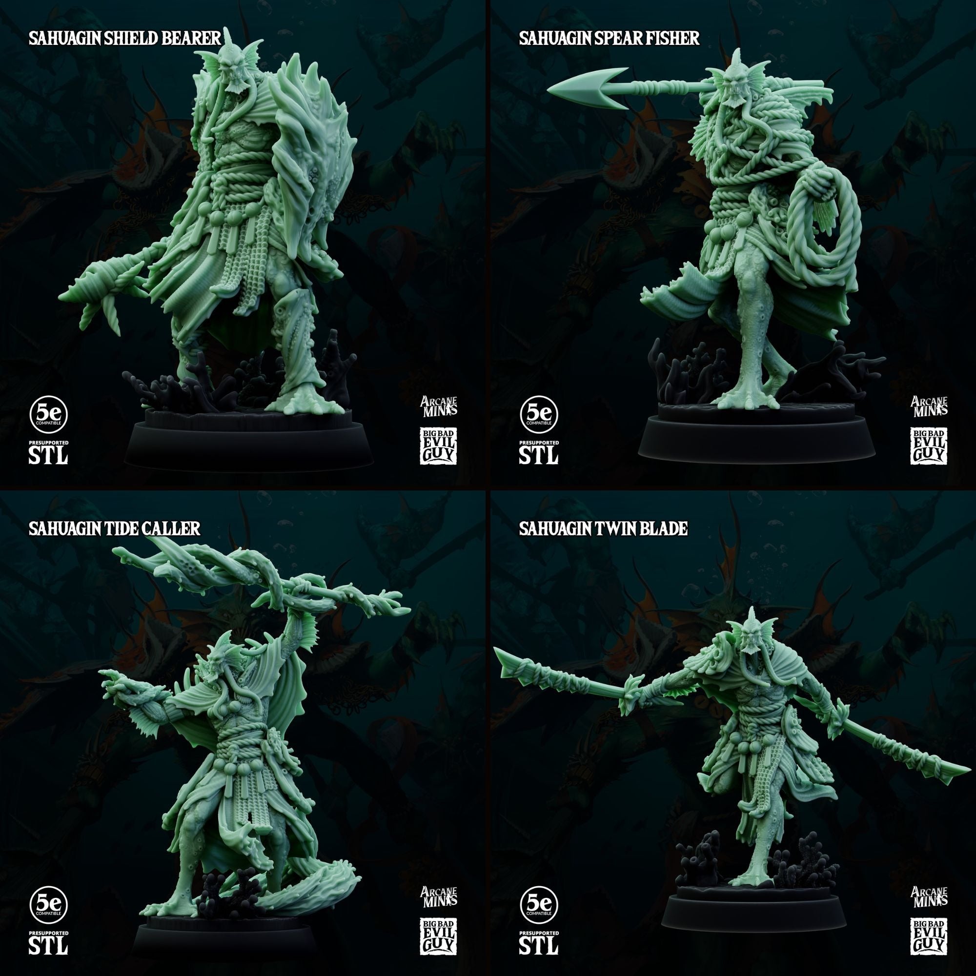 Krytona Skrill, Sahaugin Lord and Minions - 3d Printed Miniature Sculpted by Big Bad Evil Guys