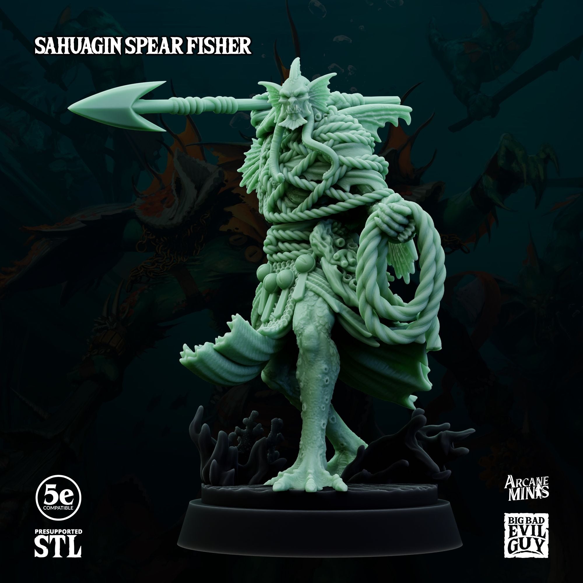 Krytona Skrill, Sahaugin Lord and Minions - 3d Printed Miniature Sculpted by Big Bad Evil Guys