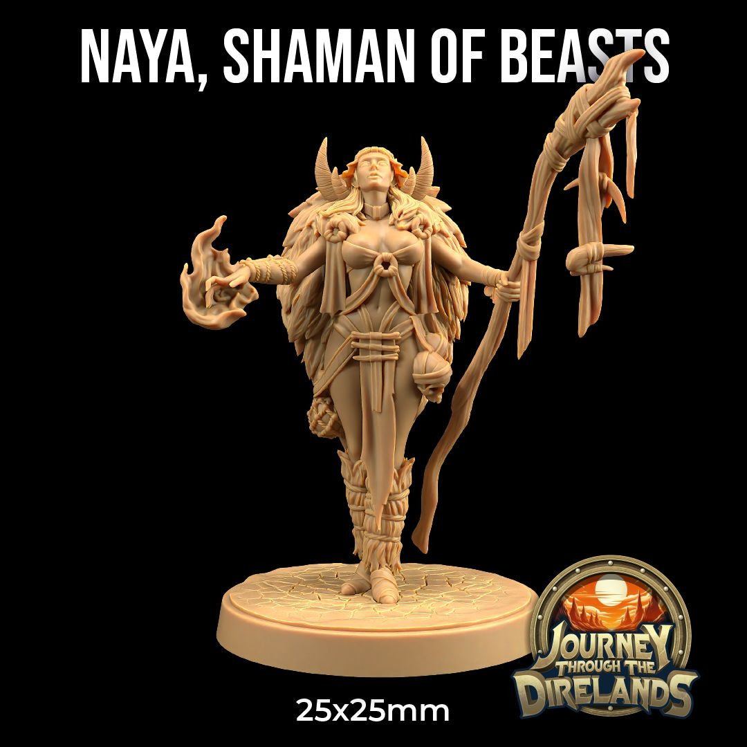 Naya, Shaman of Beasts - Journey Through the Direlands - 3d Printed Miniature Sculpted by Dragon Trappers Lodge
