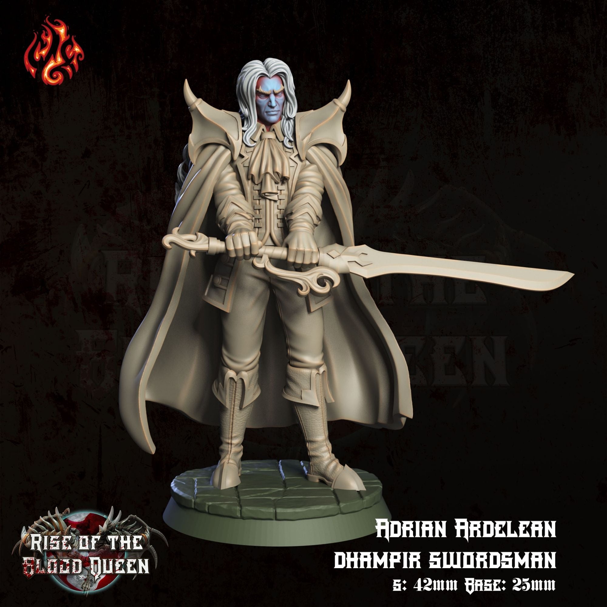 Adrian Ardelean, Dhampir Swordsman - 3d Printed Miniature Sculpted by Crippled God Foundry