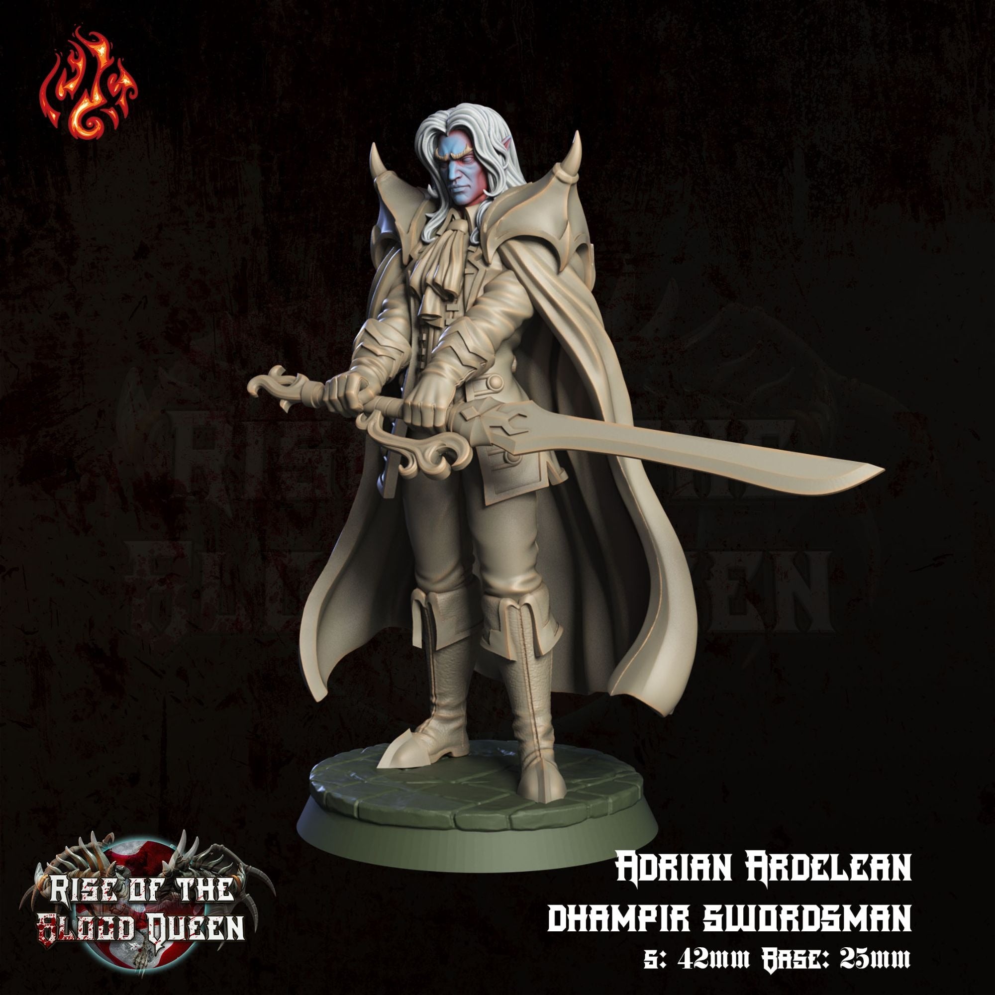Adrian Ardelean, Dhampir Swordsman - 3d Printed Miniature Sculpted by Crippled God Foundry