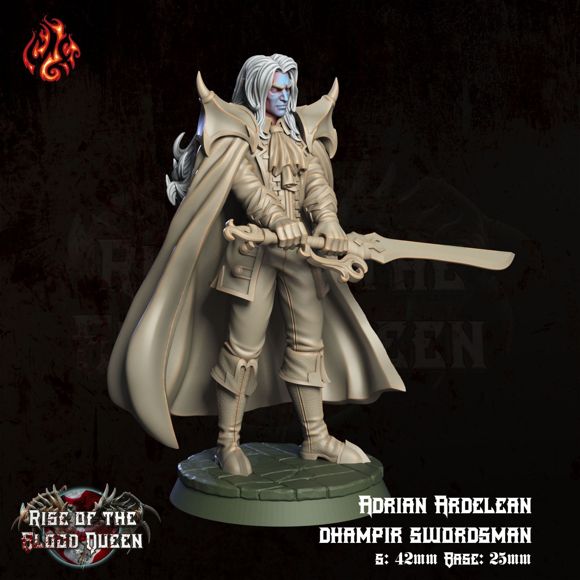 Adrian Ardelean, Dhampir Swordsman - 3d Printed Miniature Sculpted by Crippled God Foundry