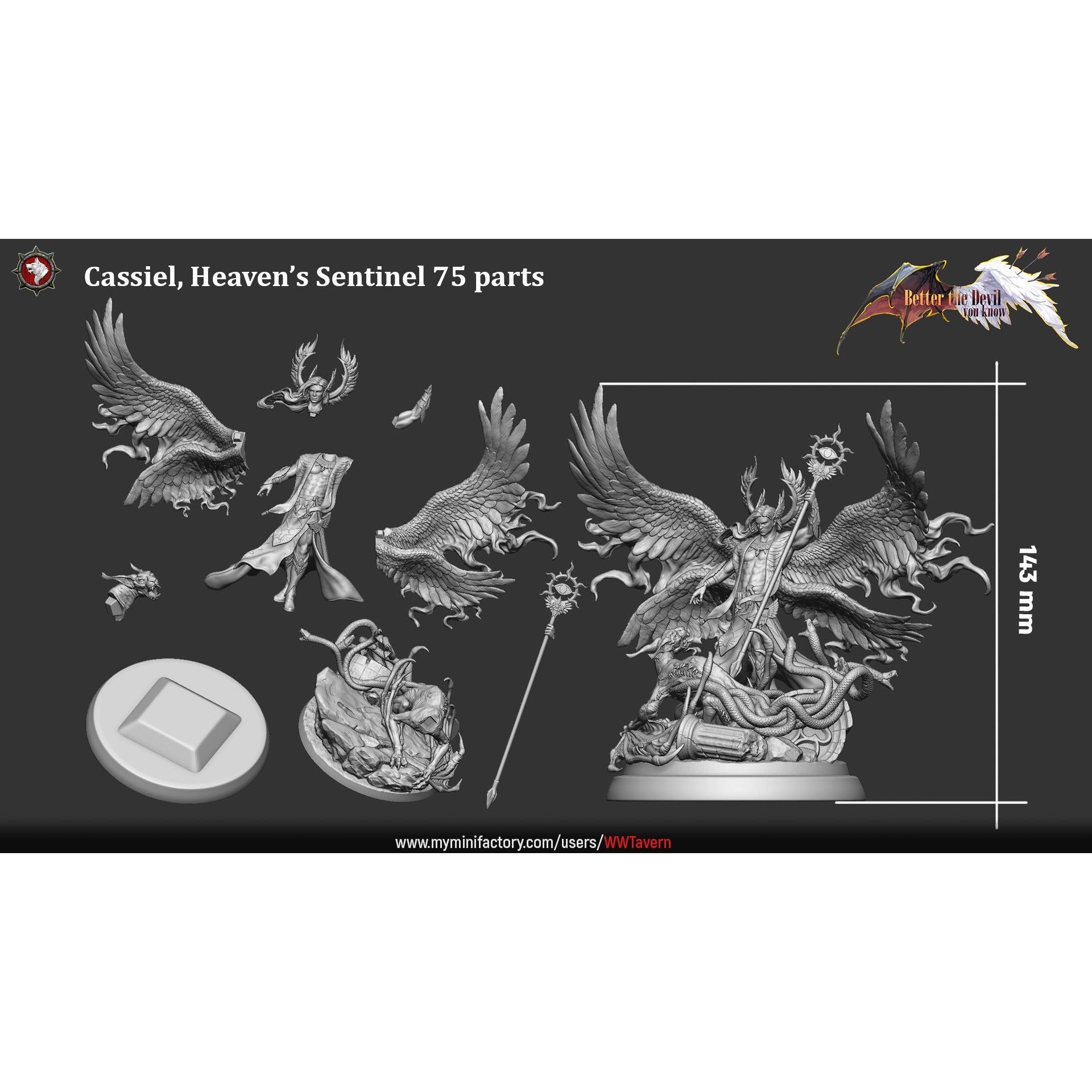 Cassiel, Heaven's Sentinel - Better the Devil You Know - 3d Printed Miniature Sculpted by White Werewolf Tavern