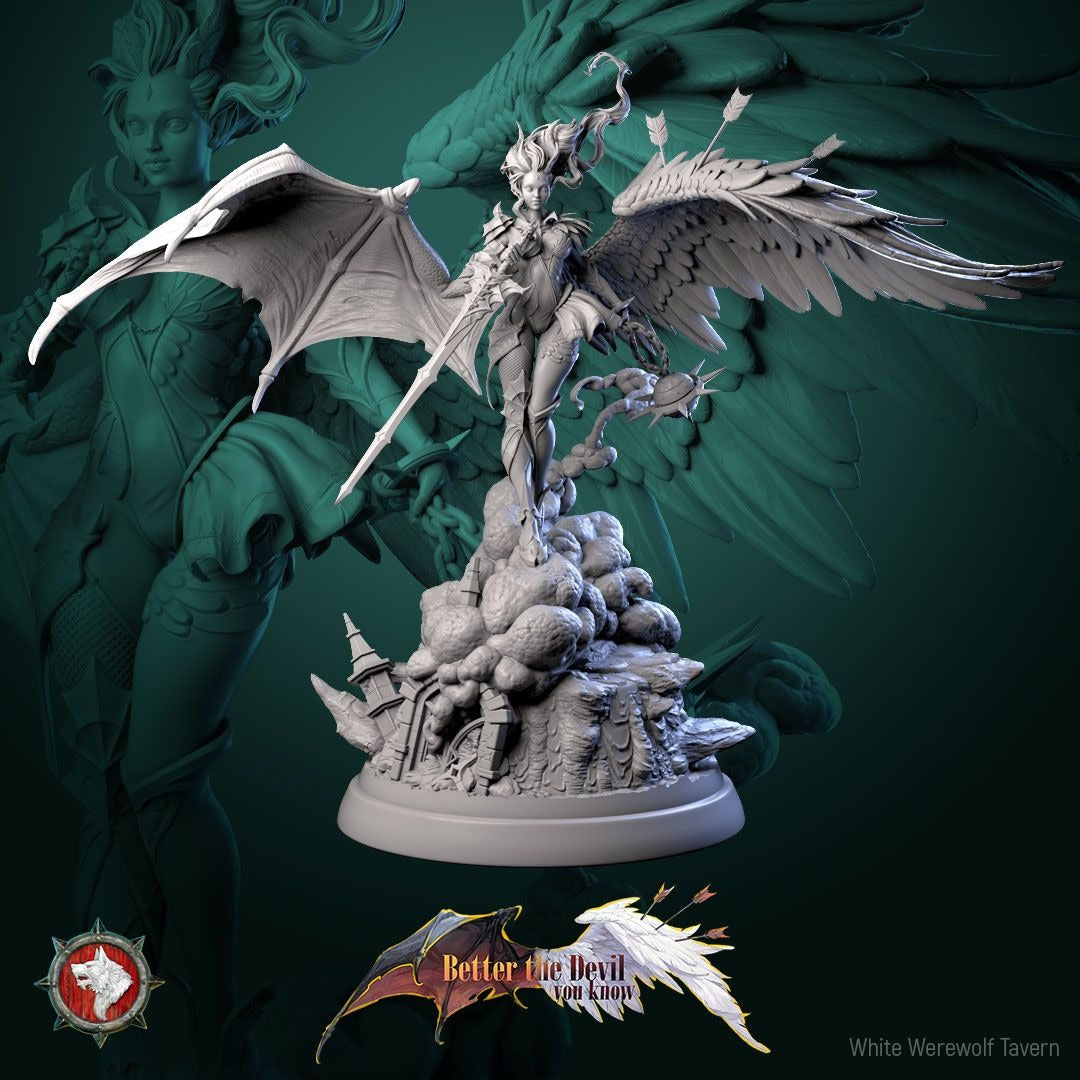 Lysandra the Bifurcated Seraph - Better the Devil You Know - 3d Printed Miniature Sculpted by White Werewolf Tavern