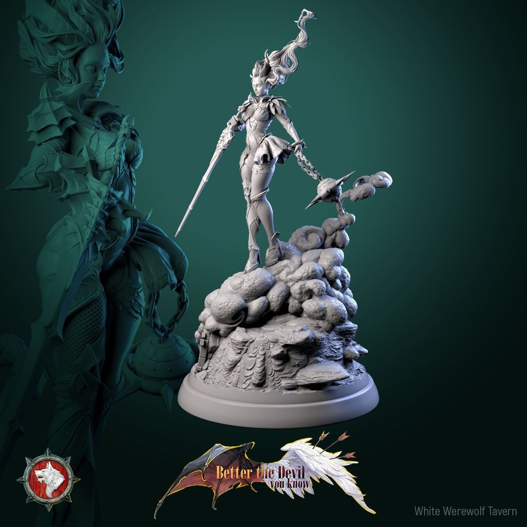 Lysandra the Bifurcated Seraph - Better the Devil You Know - 3d Printed Miniature Sculpted by White Werewolf Tavern