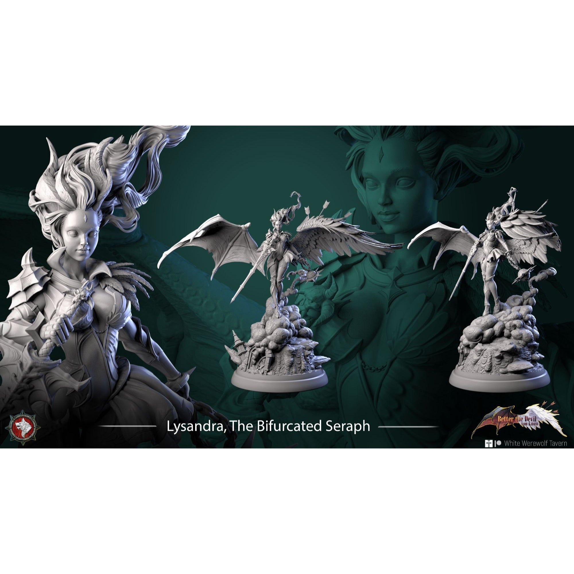 Lysandra the Bifurcated Seraph - Better the Devil You Know - 3d Printed Miniature Sculpted by White Werewolf Tavern