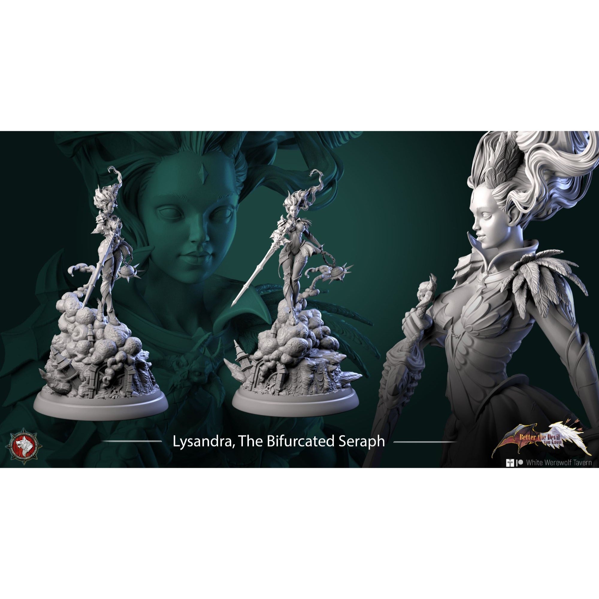 Lysandra the Bifurcated Seraph - Better the Devil You Know - 3d Printed Miniature Sculpted by White Werewolf Tavern
