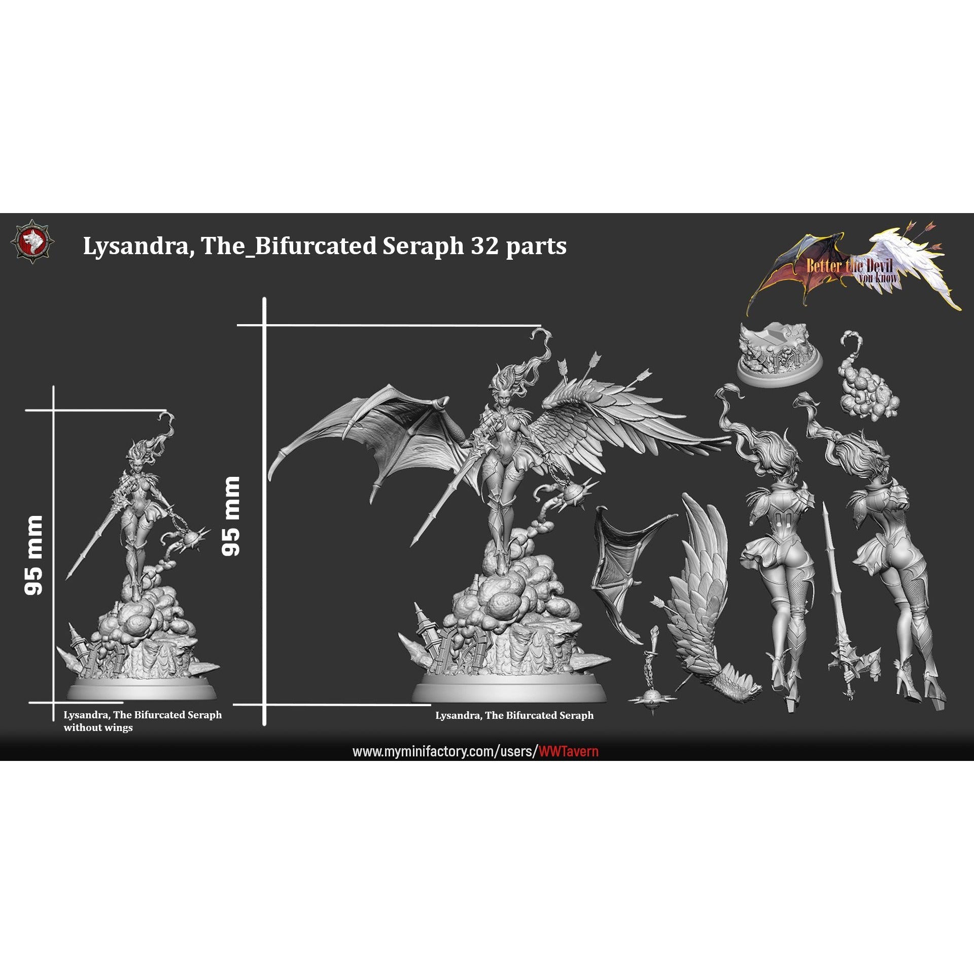 Lysandra the Bifurcated Seraph - Better the Devil You Know - 3d Printed Miniature Sculpted by White Werewolf Tavern