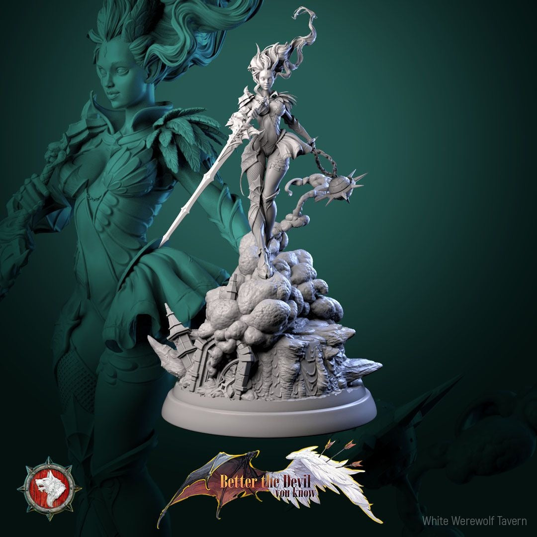 Lysandra the Bifurcated Seraph - Better the Devil You Know - 3d Printed Miniature Sculpted by White Werewolf Tavern