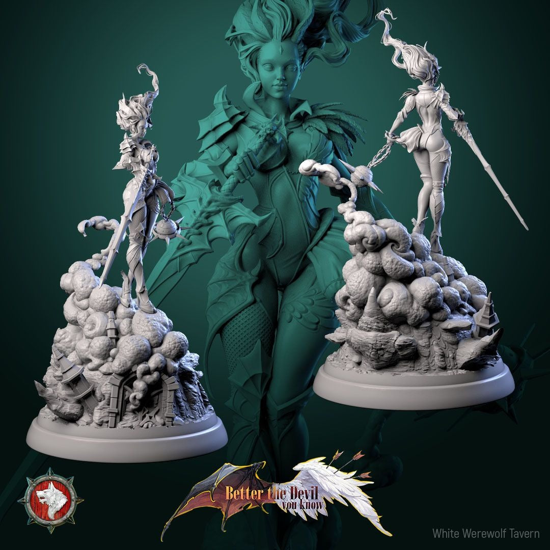 Lysandra the Bifurcated Seraph - Better the Devil You Know - 3d Printed Miniature Sculpted by White Werewolf Tavern