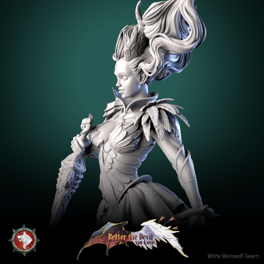 Lysandra the Bifurcated Seraph - Better the Devil You Know - 3d Printed Miniature Sculpted by White Werewolf Tavern