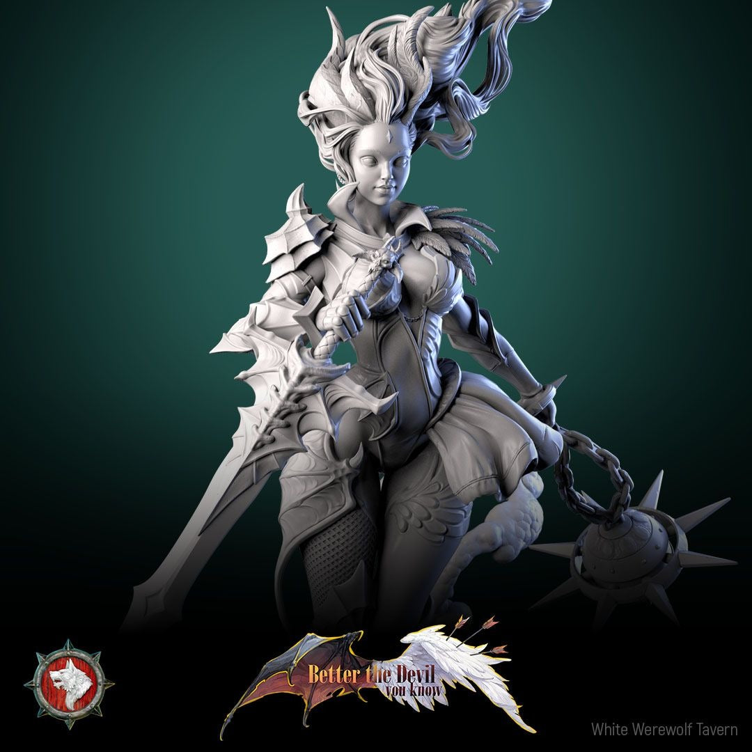 Lysandra the Bifurcated Seraph - Better the Devil You Know - 3d Printed Miniature Sculpted by White Werewolf Tavern