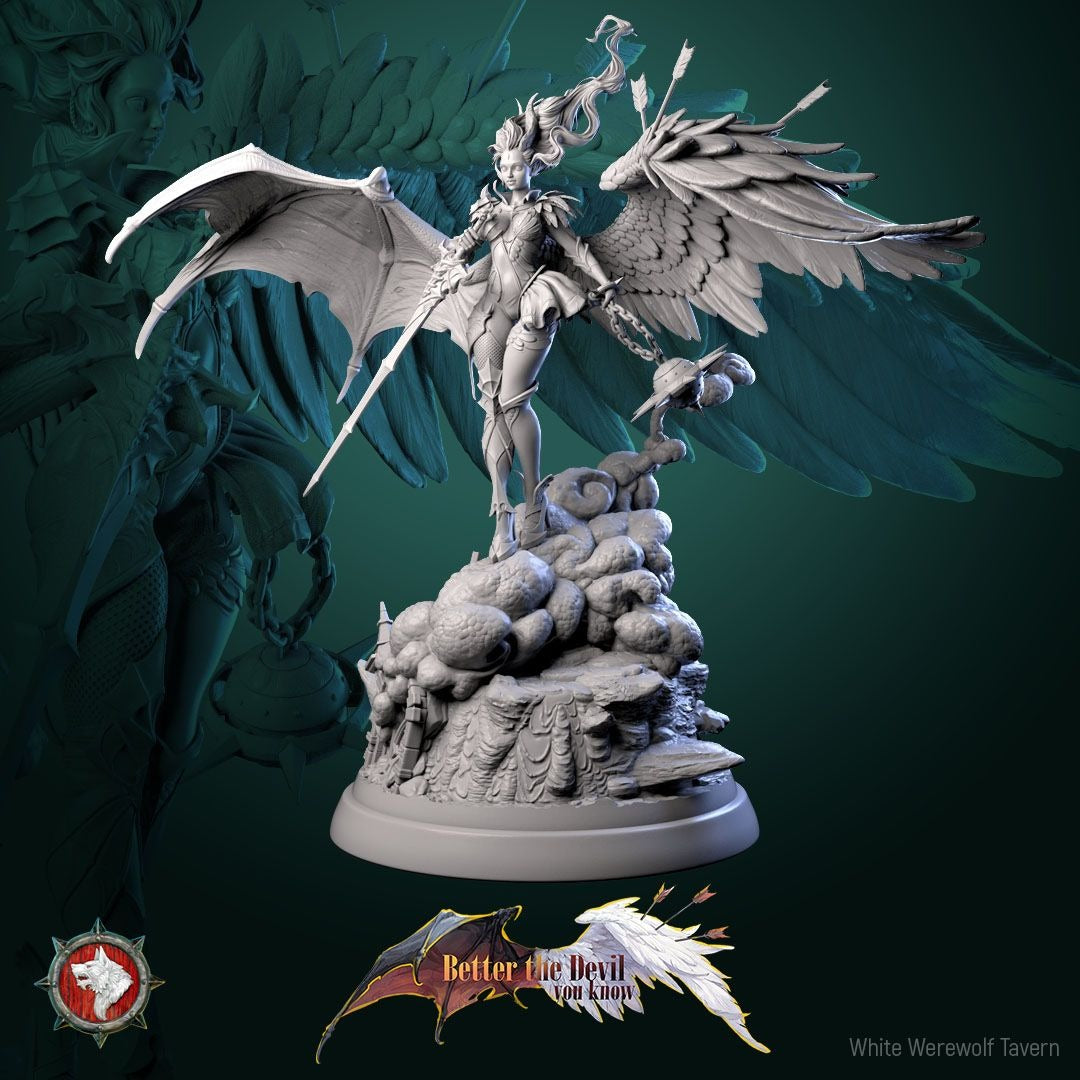 Lysandra the Bifurcated Seraph - Better the Devil You Know - 3d Printed Miniature Sculpted by White Werewolf Tavern