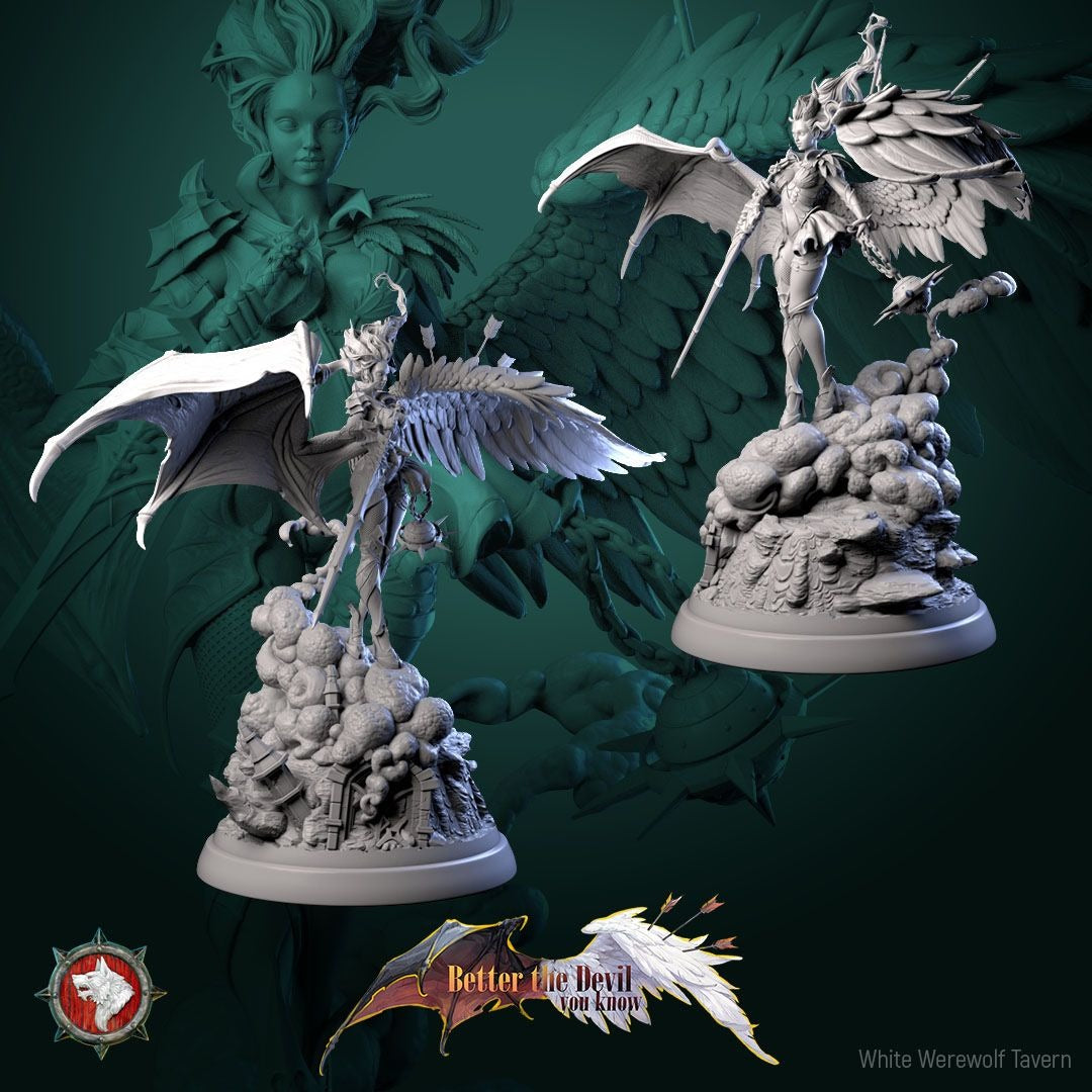 Lysandra the Bifurcated Seraph - Better the Devil You Know - 3d Printed Miniature Sculpted by White Werewolf Tavern