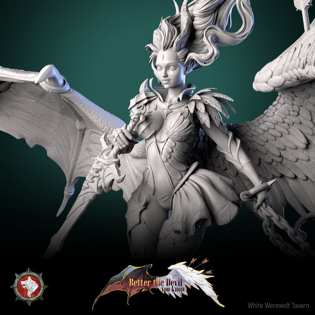 Lysandra the Bifurcated Seraph - Better the Devil You Know - 3d Printed Miniature Sculpted by White Werewolf Tavern