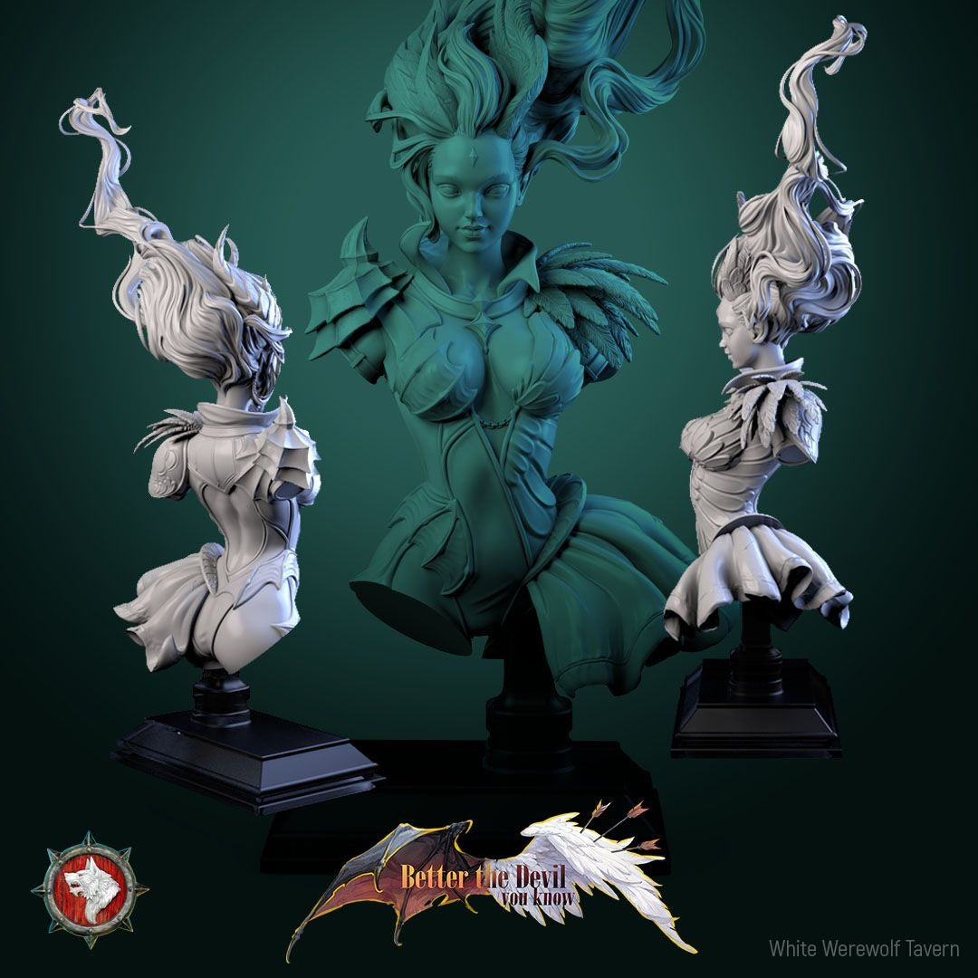 Lysandra, the Bifurcated Seraph Bust - Better the Devil You Know - 3d Printed Miniature Sculpted by White Werewolf Tavern