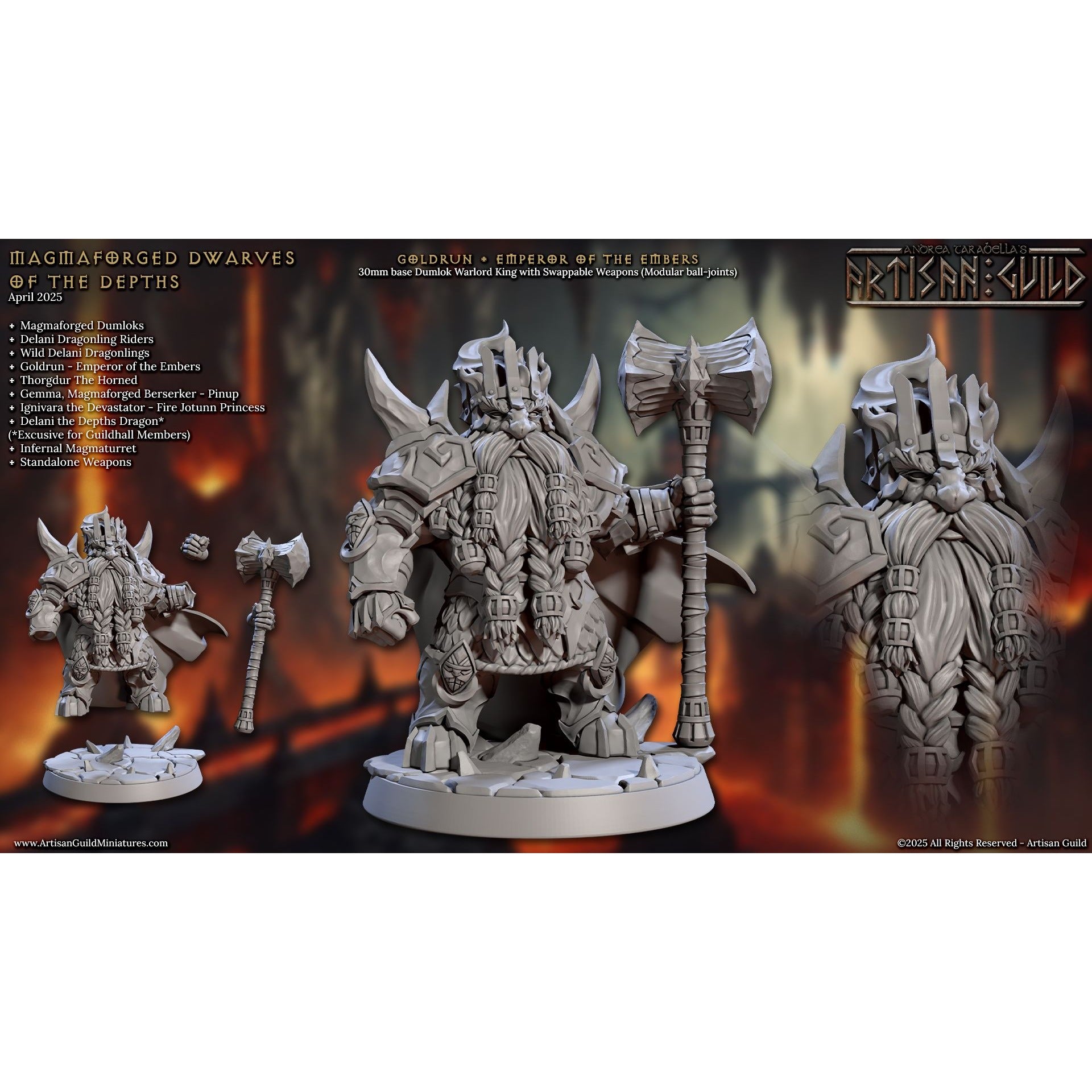 Goldrun, Emperor of Embers - Magmaforged Dwarves of the Depths - 3d Printed Miniature sculpted by Artisan Guild