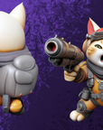 a cat with a gun and a cat in a space suit
