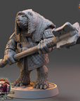 A 3D model of a bear-like creature with fur and armor, holding a large weapon and standing on a platform.