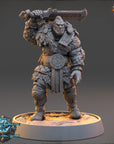 A detailed 3D model of a warrior figure, standing on a base and holding a sword in one hand and a shield in the other. The figure is wearing a fur-lined coat and has a beard, giving it a fierce and imposing appearance.