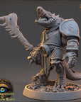 A detailed 3D model of a fierce-looking creature, possibly a mythical or fantastical animal, with sharp teeth and claws, standing on a base and holding a large weapon.